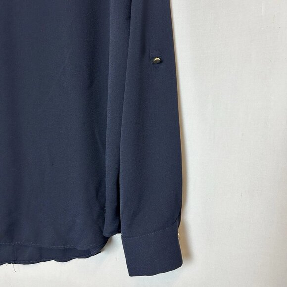 Ann Taylor Roll Tab Long Sleeve V-Neck Blouse Women's Size Medium Navy - Picture 9 of 12